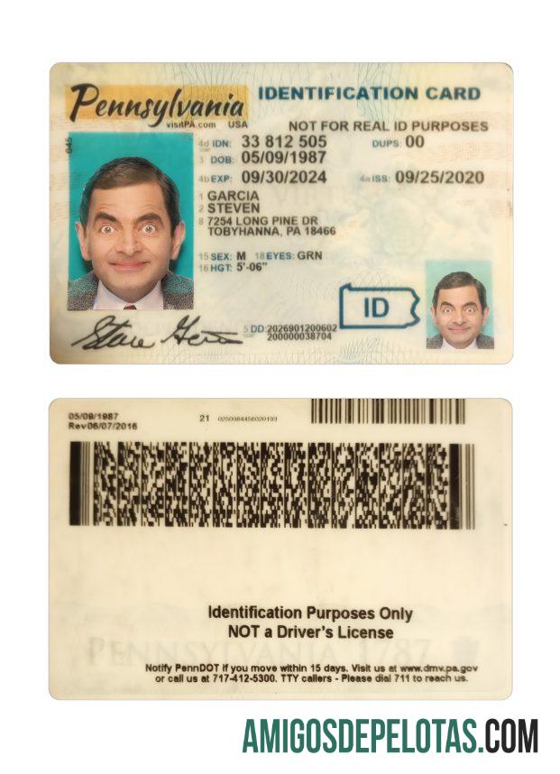 Modelo de cartão de identificação da Pensilvânia nos EUA